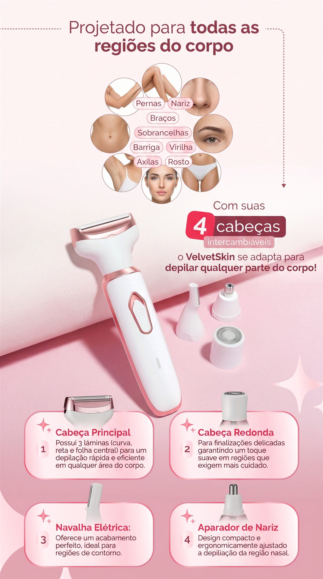 VelvetSkin projetado para todas as regiões do corpo, 4 cabeças intercambiáveis