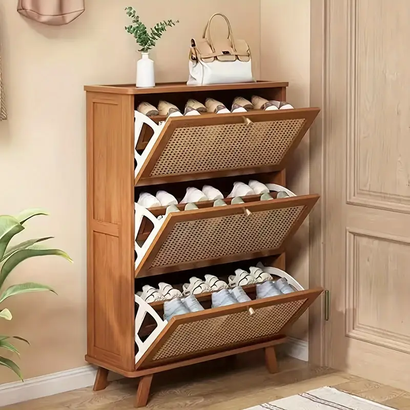 Armário de sapatos de bambu, organizador de sapateira autônomo com 3 gavetas basculantes e porta, armazenamento estreito de sapatos de entrada com nicho de armazenamento, armário de sapatos moderno e escondido detalhes 1