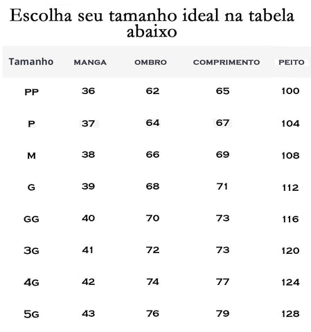 Tabela de medidas - Kit 3 Camisas Ibiza