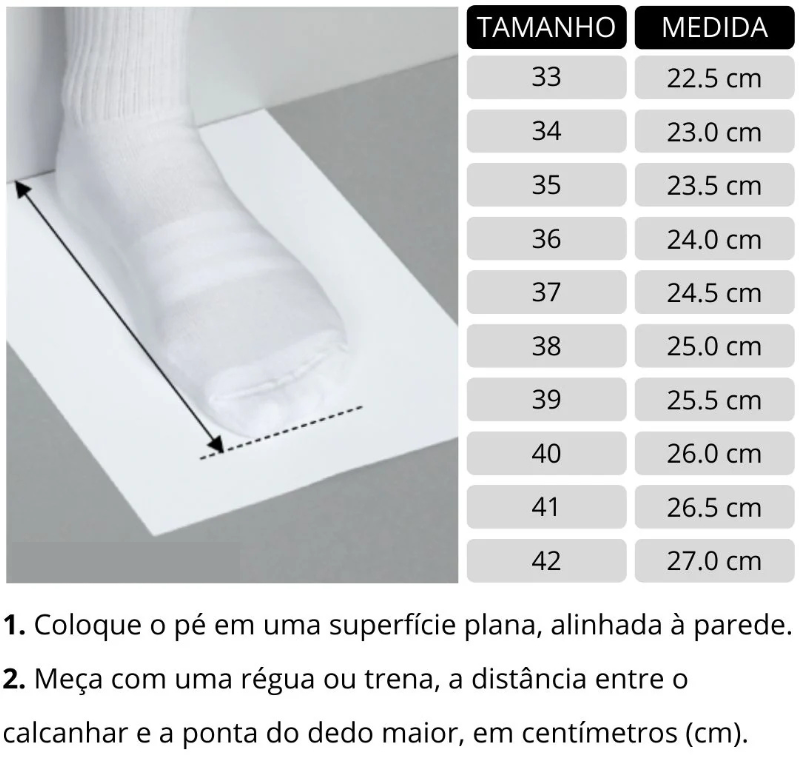 Tabela de medidas - tamanhos 33 ao 42