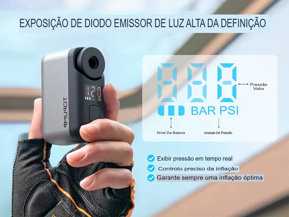 Bomba Elétrica Portátil para Bicicleta com Medidor de Pressão Digital Cinzar