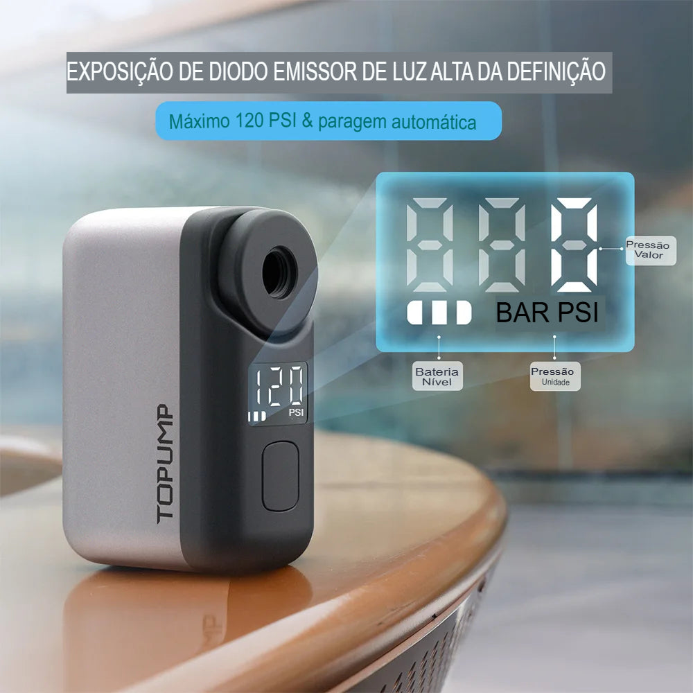 Bomba Elétrica Portátil para Bicicleta com Medidor de Pressão Digital Cinzar