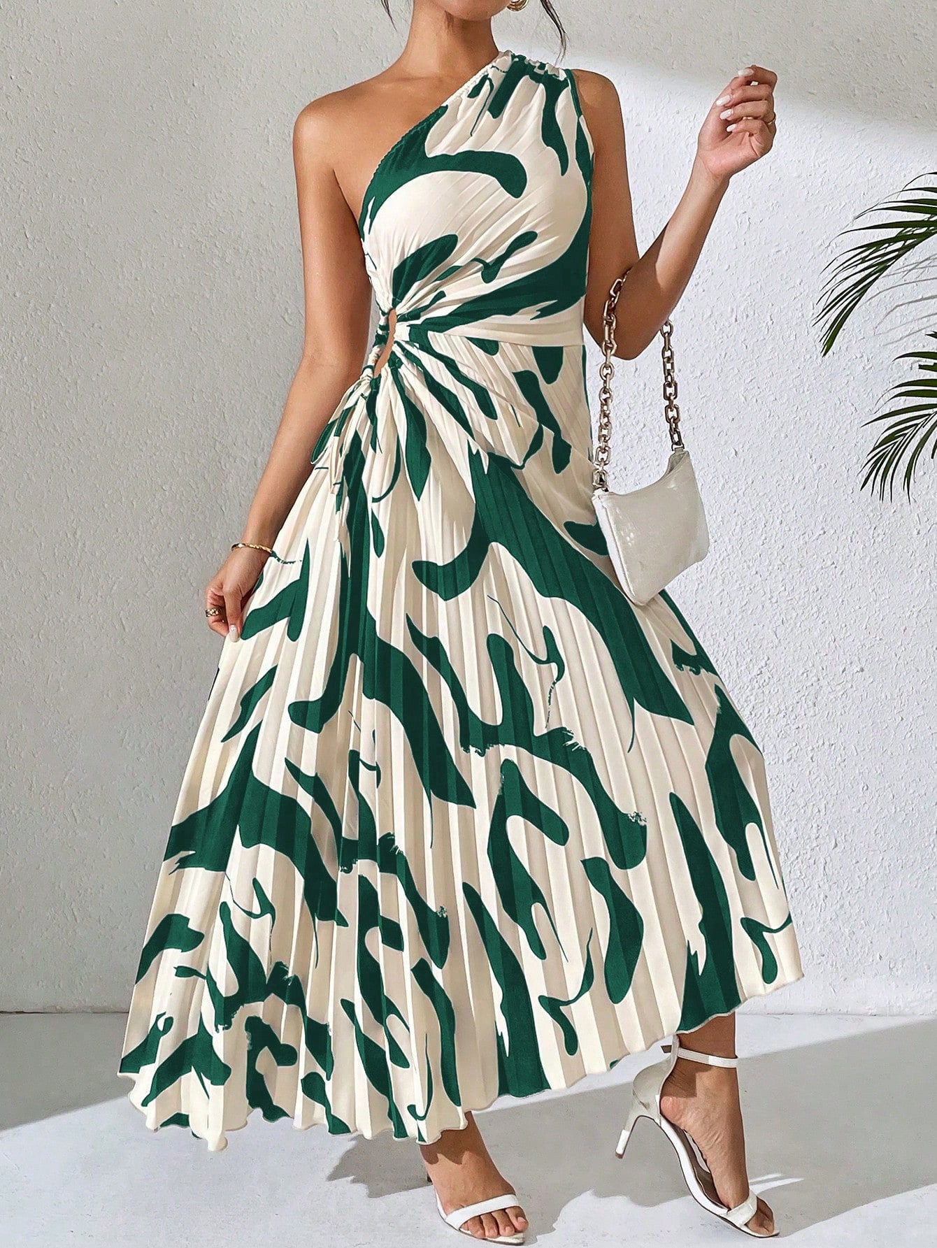Vestido Longo Plissado Assimétrico Verde